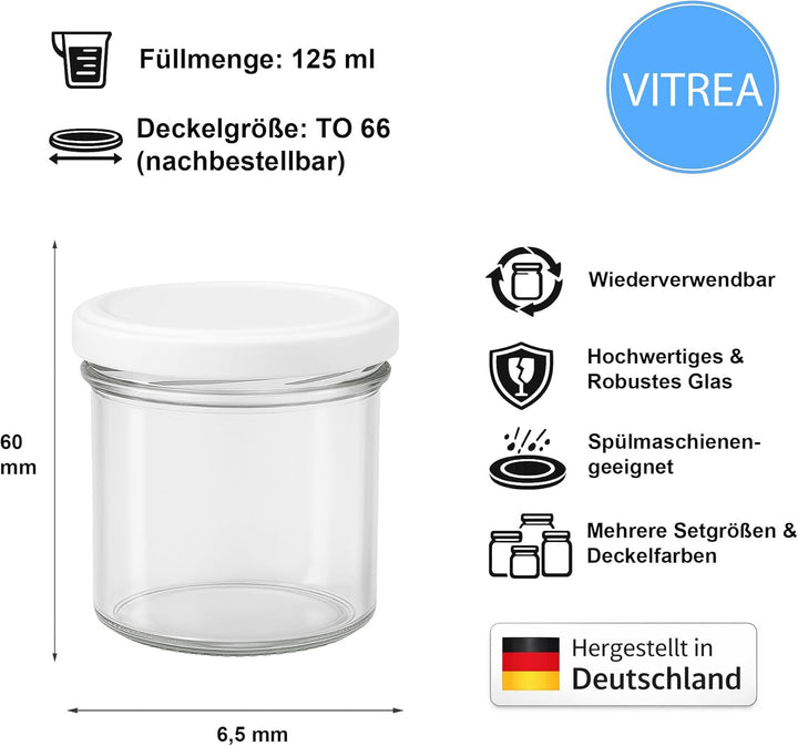 Vitrea 50x Marmeladengläser 125 ml - mit Deckel Weiss TO 66 - Einmachgläser zum befüllen mit Schraub