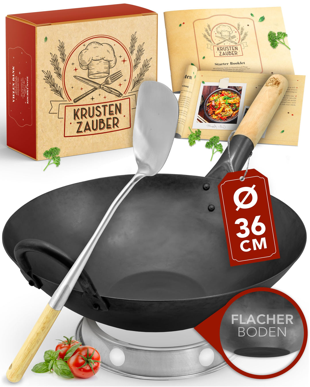 KRUSTENZAUBER 36cm Wokpfanne Induktion voreingebrannt - Traditionelle Stahlwokpfanne mit Wokwender u