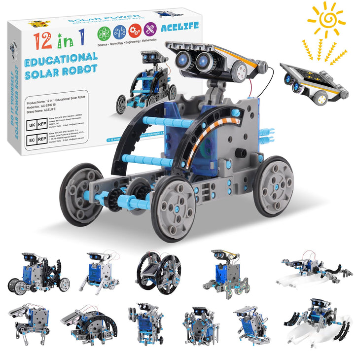 Solar Roboter Spielzeug für Kinder, 12-in-1 Solar Robot Kit DIY Bauspielzeug Experimente Spielzeug B