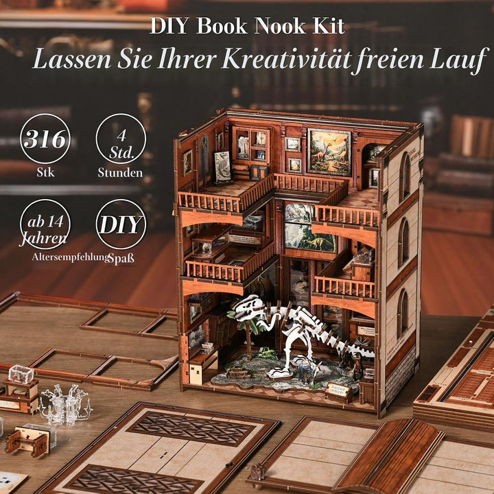Dinosaurier-Museum Buch Nook Kit | DIY Miniaturhaus Modell | 3D Holzpuzzle Bücherregal-Dekor | Kreat