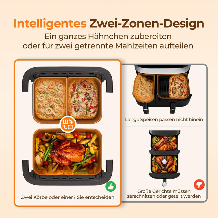 VIOMI VORTEX Pro Heissluftfritteuse, Doppelzonen, 11 L Air Fryer, 2 Kammern, 2800 W, mit Sichtfenste