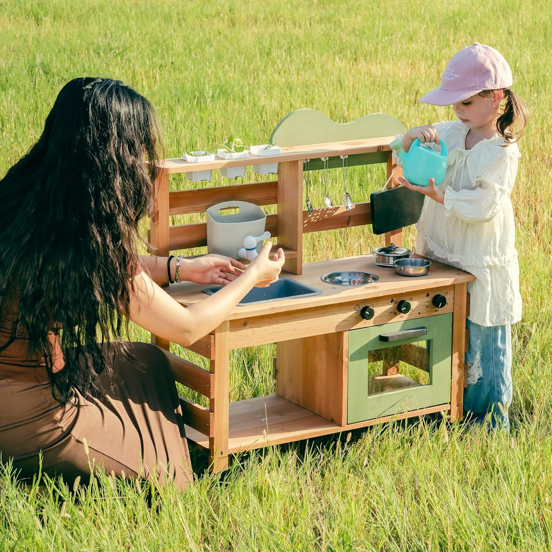 ROBOTIME Grosse Outdoor Matschküche aus Holz für Kinder, Deluxe Spielküche mit Wasserhahn, Spüle, Kr