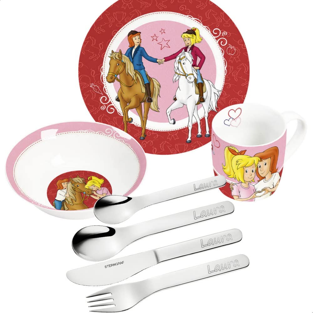 Kinder-Set Bibi &amp; Tina 7tlg. mit Gravur (z.B. Namen) personalisiertes Kinderbesteck + Kindergeschirr