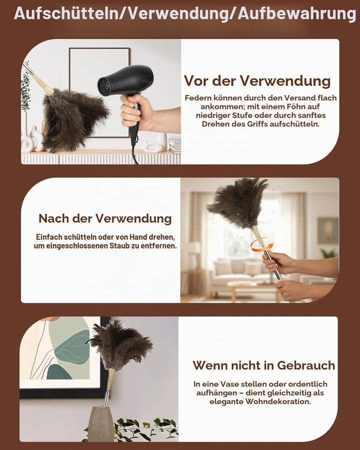 Straussenfeder Staubwedel Teleskop bis 130 cm – Lang Ausziehbar, Antistatisch, Kratzfrei &amp; Staubbind