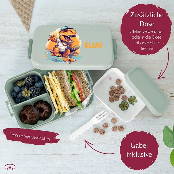 Kinder Bento Box Midi Lunchbox für Mepal Bentobox - Dino T-Rex Dinosaurier TRex Skateboard - 900 ml