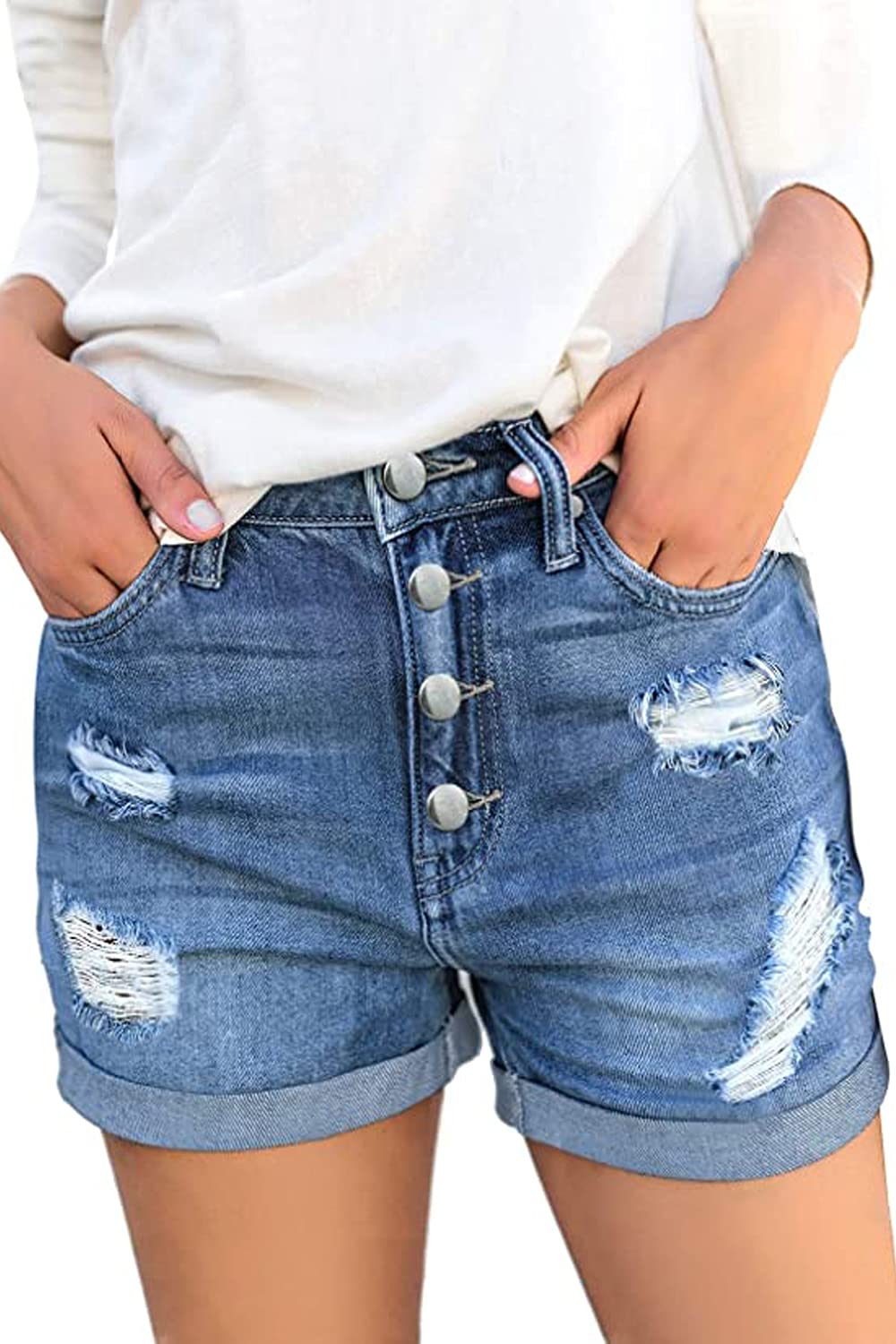 Necooer Damen Casual Ripped Denim Shorts Mittlere Taille Kurze Jeanshose mit Taschen S Hellblau 04,