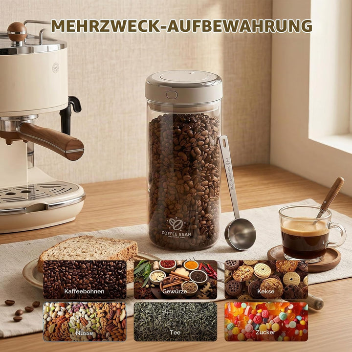 Kaffeedose Luftdicht Glas 1.7L, Kaffeebohnen Behälter Bohnen mit Auslassventil Datumsanzeige Inklusi