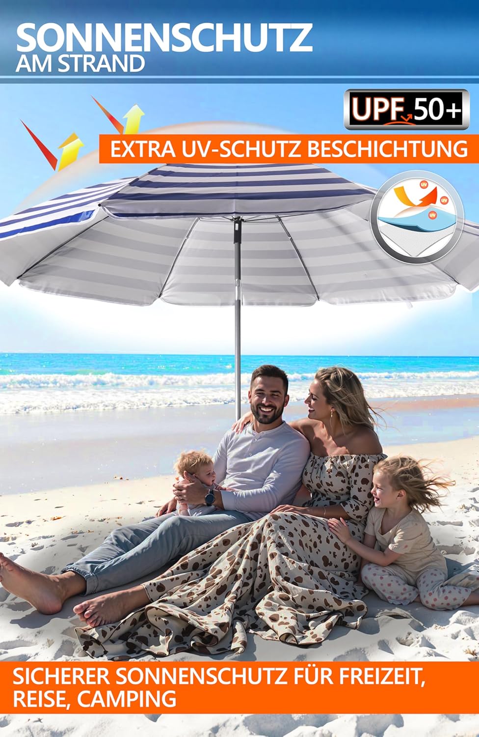 4smile Strandschirm SunnyJoy, Ø 180 cm Blau-Weiss - UPF 50+ Sonnenschirm Strand mit Hülle, Sonnensch