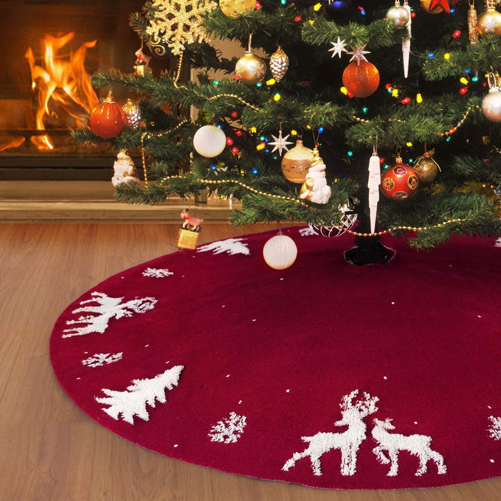 LOMOHOO Weihnachtsbaum-Rock 122cm gestrickt 3D-Elch-Weihnachtsbaum-Unterlage,Rustikaler roter Baumro