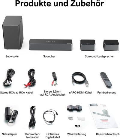 ULTIMEA 5.1 Dolby Atmos Soundbar, 3D Surround Sound System, Soundbar für TV Geräte mit Subwoofer, 2