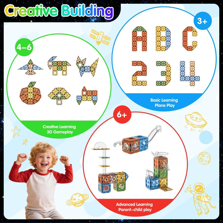 VICTERR Magnetische Bausteine Montessori Spielzeug 105 Teile mit LED & Kugelbahn – STEM Montessori S