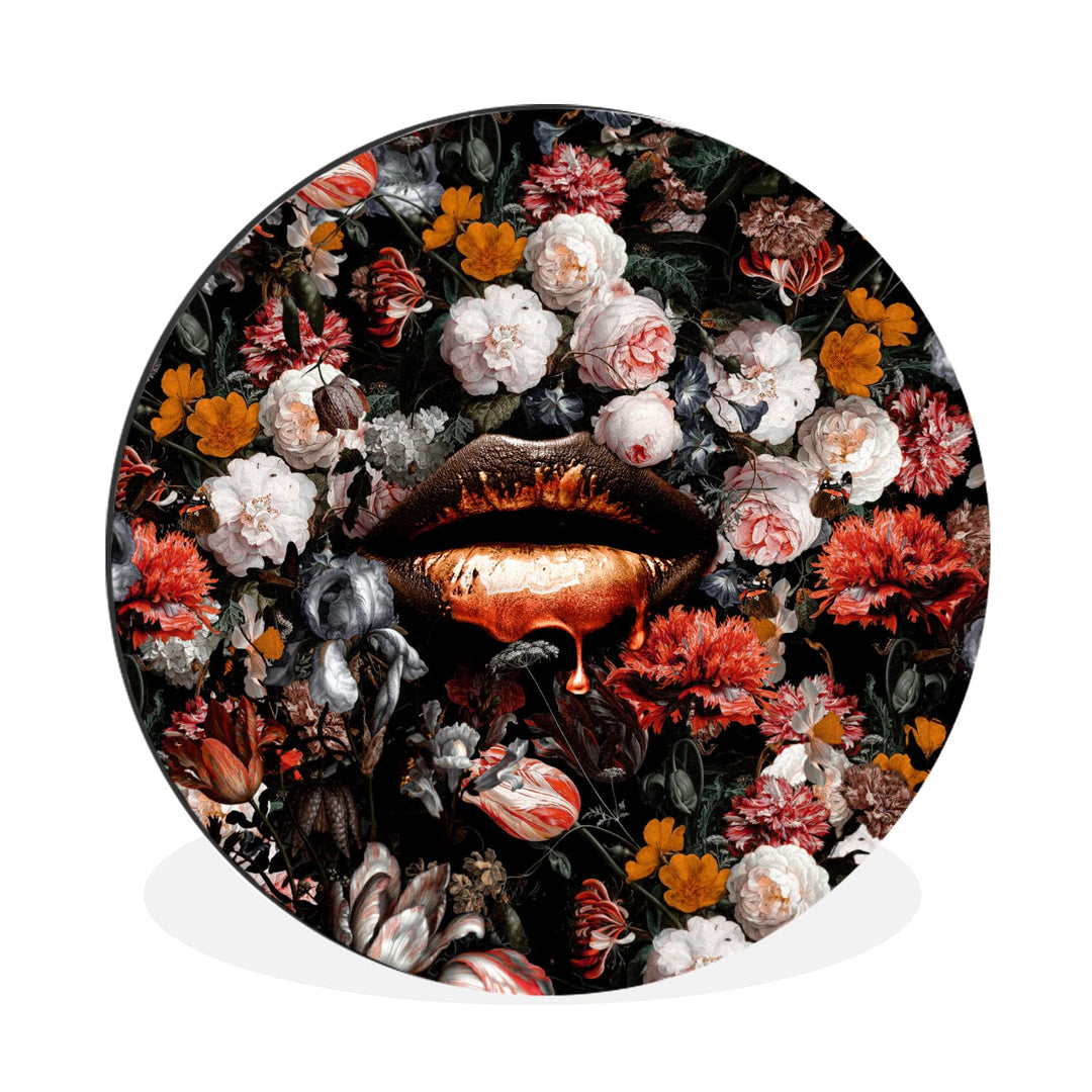 Wandbild Rund Wanddeko Deko Wohnzimmer Bilder 60x60 cm Lippen - Blumen - Farbe - Orange - Kunst - Ab