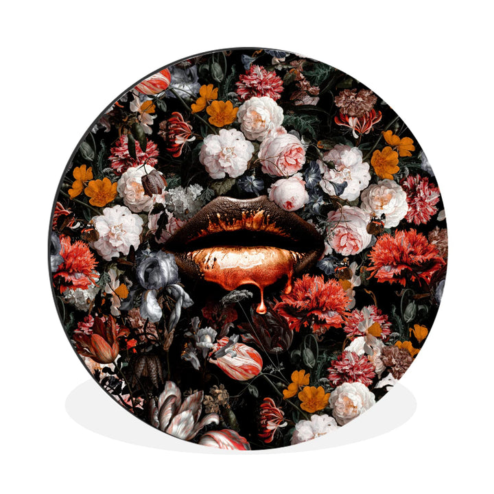 Wandbild Rund Wanddeko Deko Wohnzimmer Bilder 60x60 cm Lippen - Blumen - Farbe - Orange - Kunst - Ab