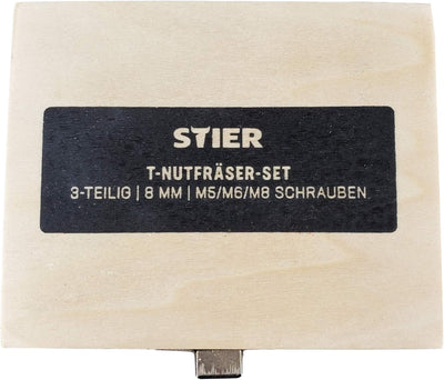 STIER T-Nutfräser-Set 3-teilig M5 M6 und M8 Schrauben, 8 mm Schaft, für Oberfräsen, T Nut Fräser, T