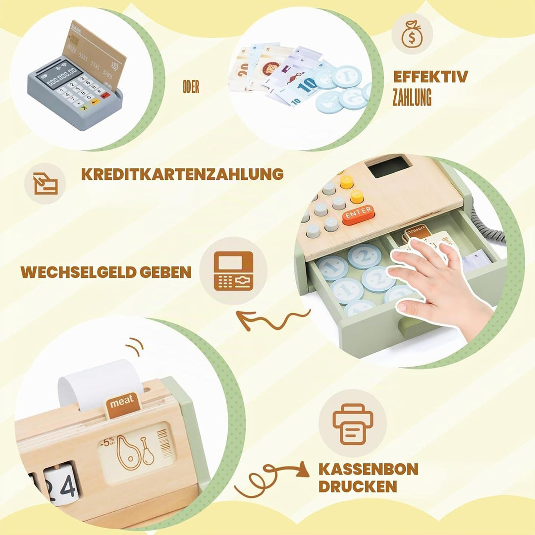 Holzkasse für Kinder – Interaktive Spielkasse für Kaufladen mit Scanner, Kartenleser, Spielgeld & Ho