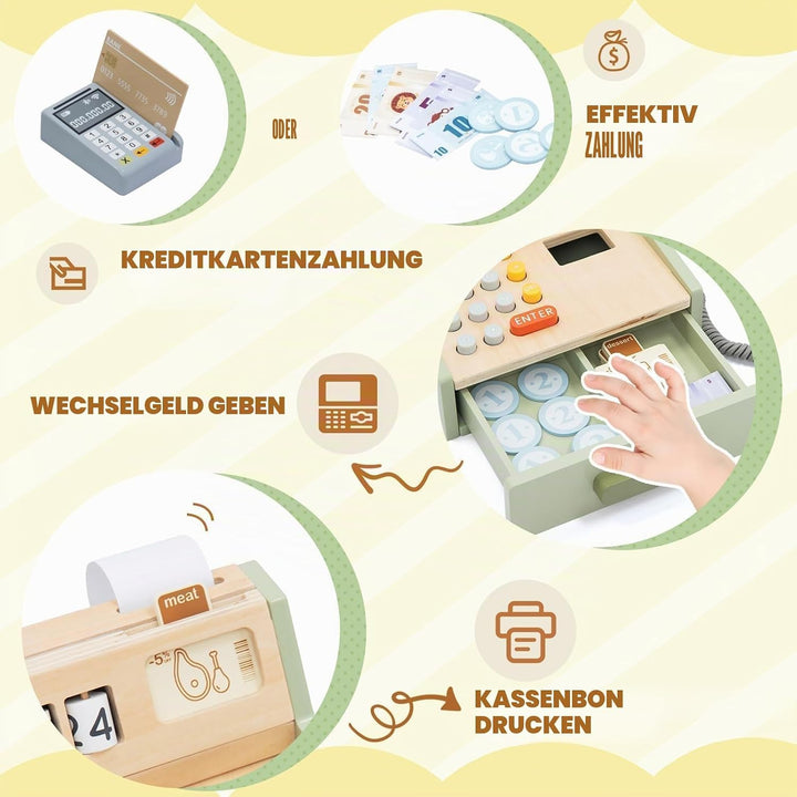 Holzkasse für Kinder – Interaktive Spielkasse für Kaufladen mit Scanner, Kartenleser, Spielgeld & Ho