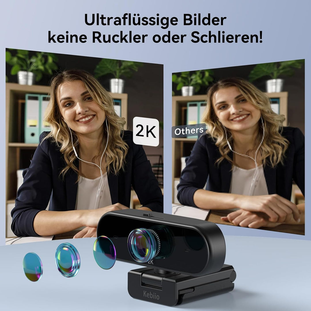 Webcam 2K, USB A/C Webcam mit Mikrofon für PC, Streaming Kamera mit Autofokus, 90°Ansicht, Plug & Pl