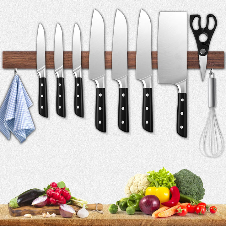 Dmore 59cm Magnetleiste Messer aus Walnuss, mit 2 Haken, lang Messerhalter magnetisch, extrem selbst