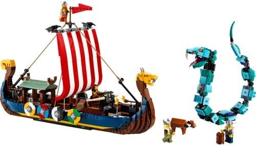 LEGO 31132 Creator 3in1 Wikingerschiff mit Midgardschlange, Set mit Schiff, Haus, Spielzeug-Wolf und
