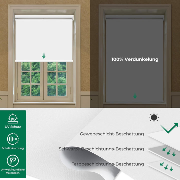 Allesin Elektrische Rollos mit Fernbedienung, Weiss Verdunklungsrollo 70x120cm (BxH) Klemmträger Ohn