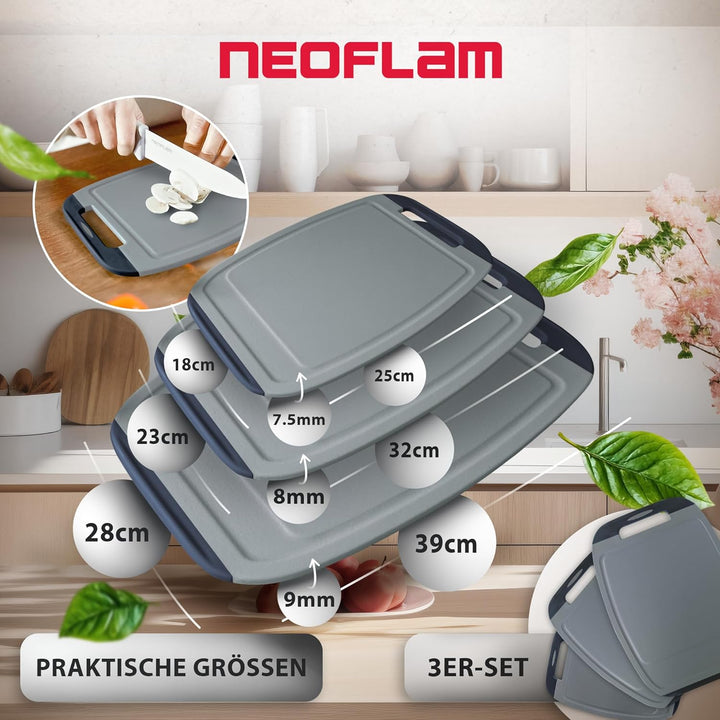 NEOFLAM® – Antibakterielles Schneidebrett Kunststoff rutschfest - 3er Set Schneidbretter Microban® S