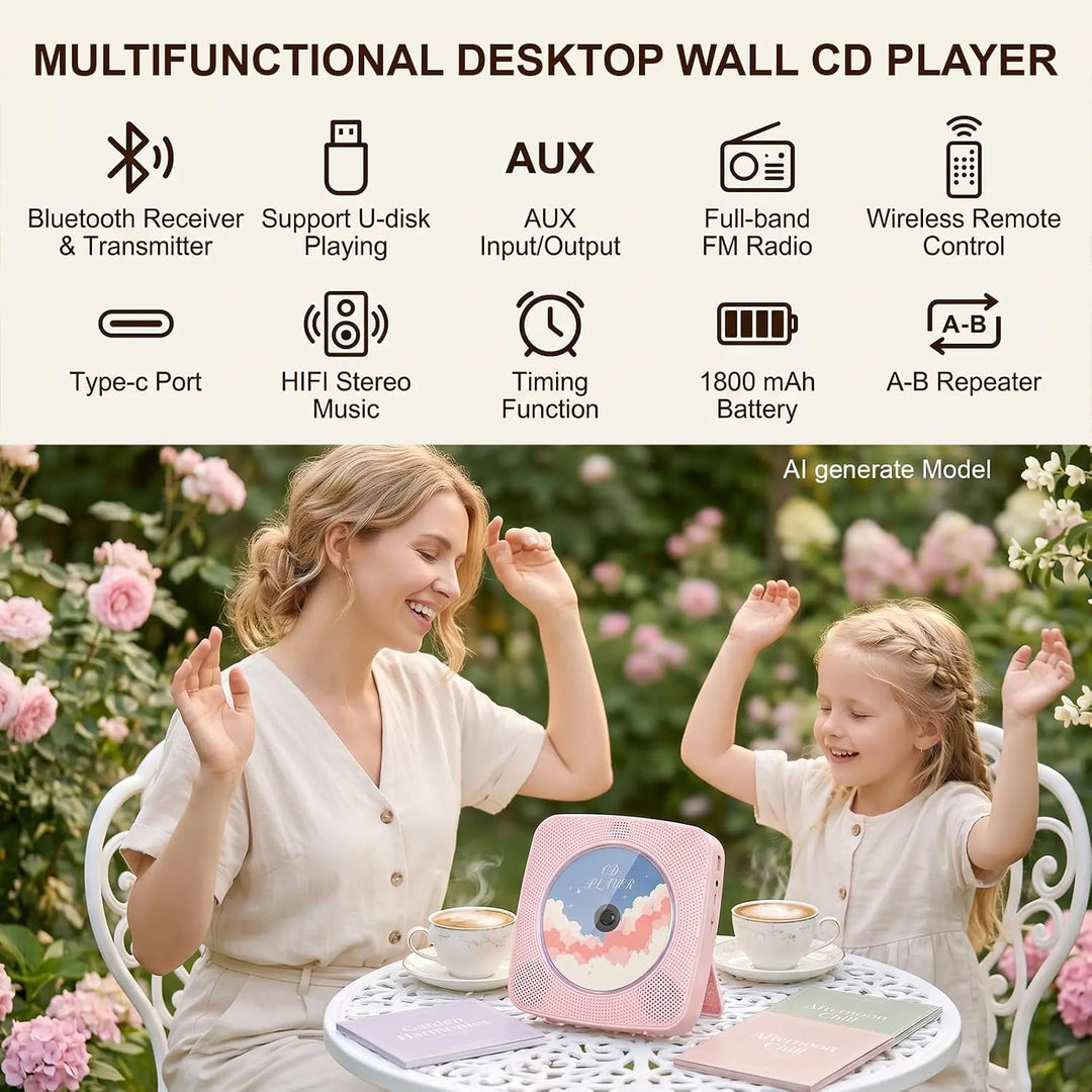 Gueray Desktop CD Player Bluetooth CD-Spieler mit Lautsprechern für Zuhause 1800mAh Tragbarer CD-Pla