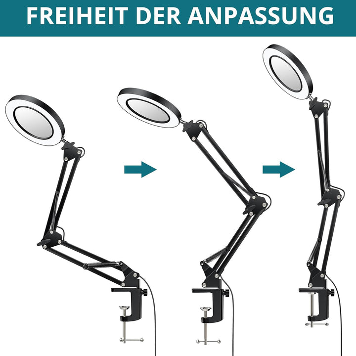8X/15X LED Lupenleuchte mit Schwenkarm, Lupe mit Licht, Tischlampe mit 3 Farbmodi 10 Helligkeitsstuf