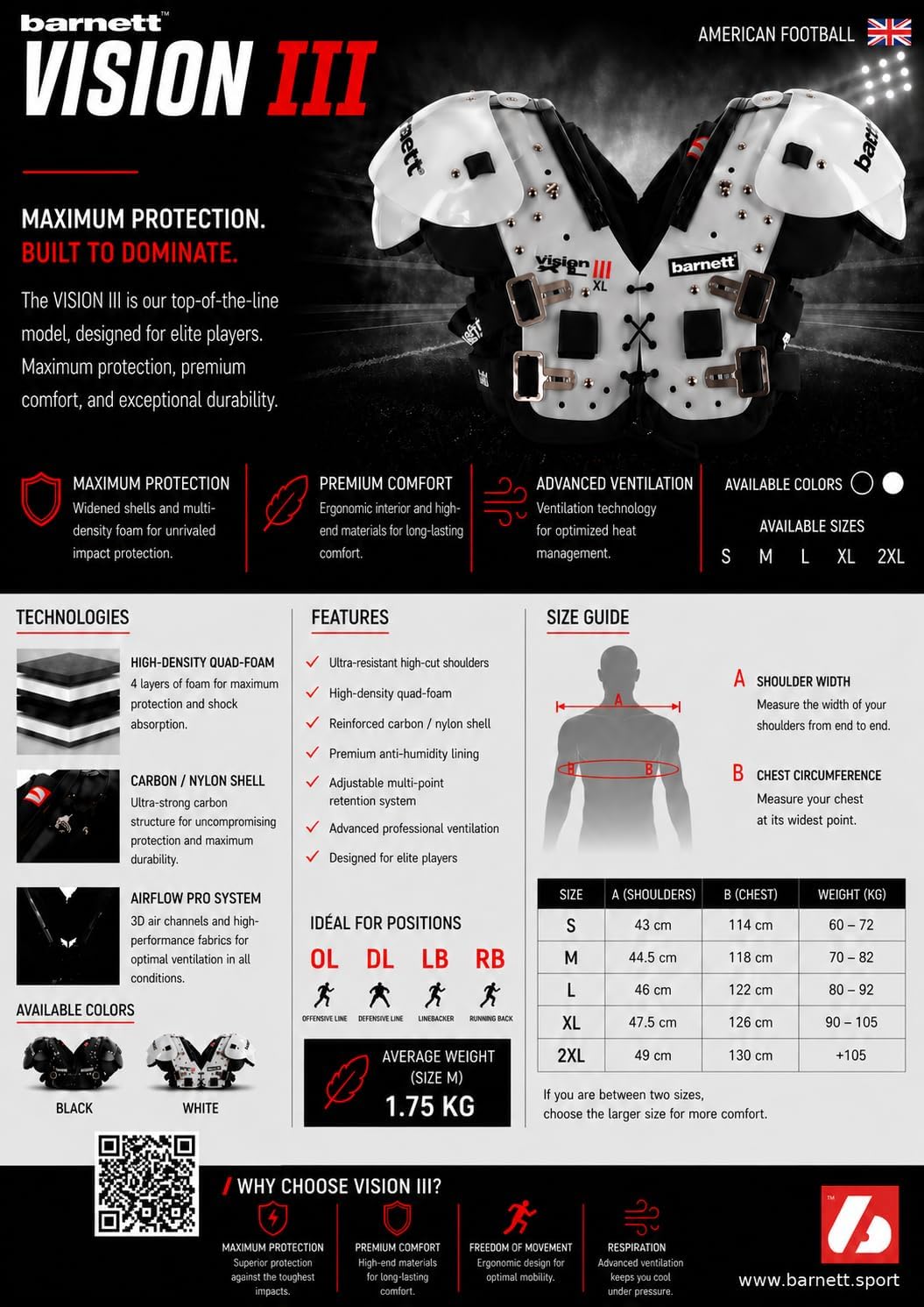 BARNETT Shoulderpad Vision III American Football Schulterschutz, sehr leicht XL, XL