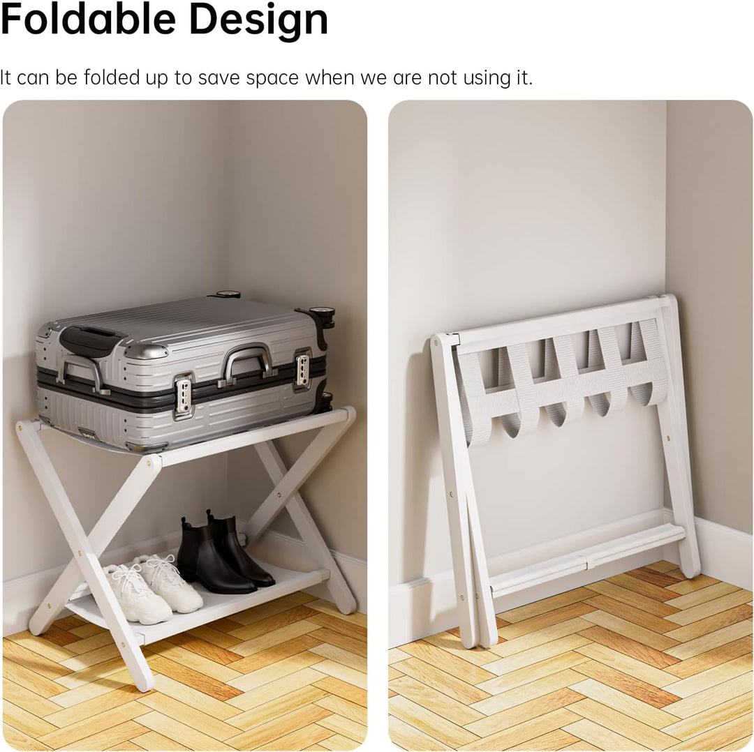HITNET Kofferständer Klappbar 2er pack, Weiss Gepäckablage Faltbar aus Bambus für Gästezimmer, Koffe