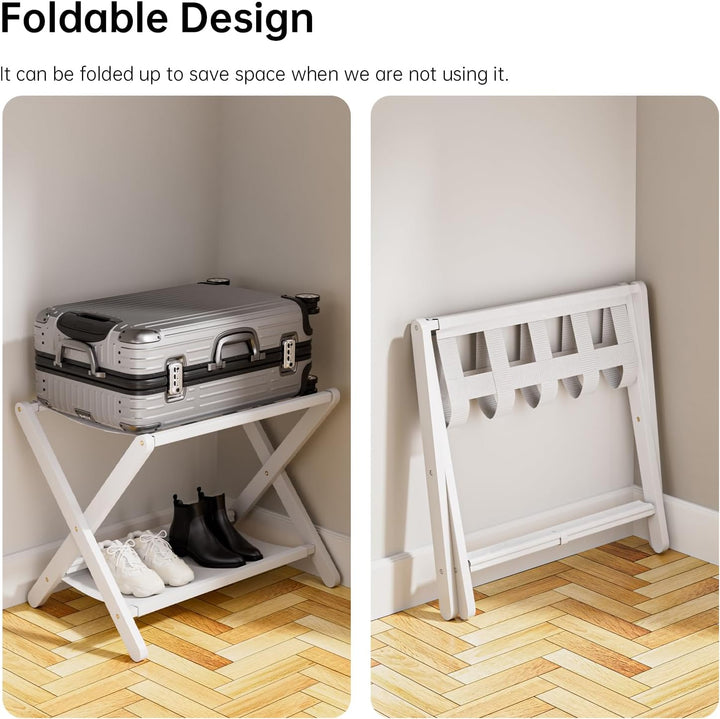 HITNET Kofferständer Klappbar 2er pack, Weiss Gepäckablage Faltbar aus Bambus für Gästezimmer, Koffe