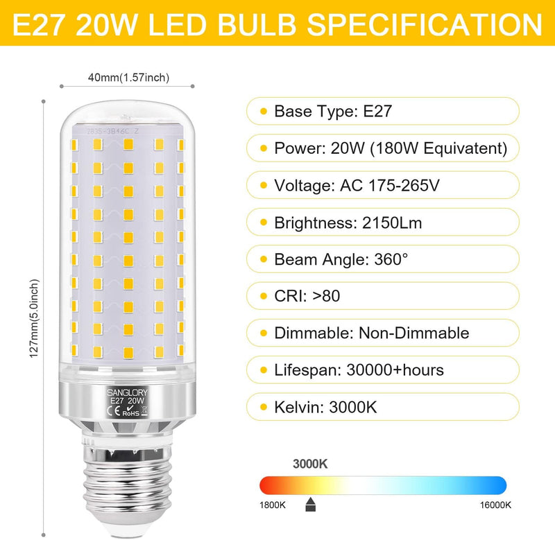 SanGlory 20W E27 LED Lampe Warmweiss Mais Birne E27 3000K, 2150LM Ersetzt Glühbirnen 180W, Led Energ