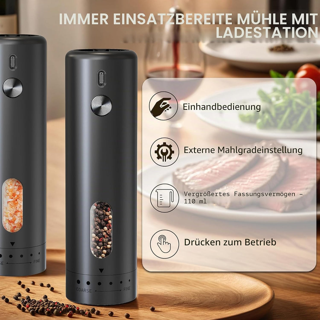 Elektrische Salz und Pfeffermühle 2er Set, Externe Abstimmung der Mahldicke, Keramikmahlwerk, Wieder