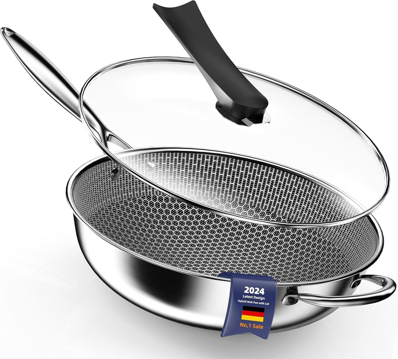 Kiseely Hybrid Wokpfanne mit Deckel 34 cm, Antihaft edelstahl Wokpfanne induktion, Bratpfanne mit An