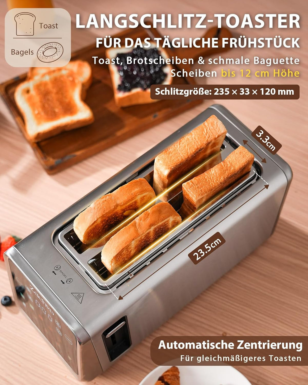 4 Scheiben Langschlitz Toaster Edelstahl, Smart Touchscreen mit LED-Countdown, Memory-Funktion, 6 Br