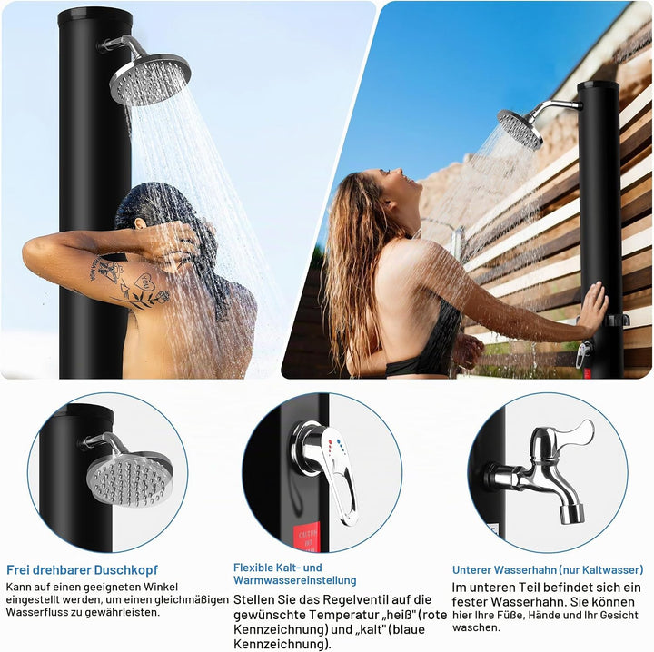 Solar Gartendusche 35Liter -Solardusche mit 360° Drehbarem Duschkopf und Fusshahn, Einstellbare Temp