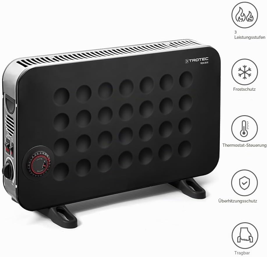 TROTEC Heizkörper elektro TCH 25 E – Heizleistung 750 W / 1250 W / 2000 W – Konvektor mobil, schwarz