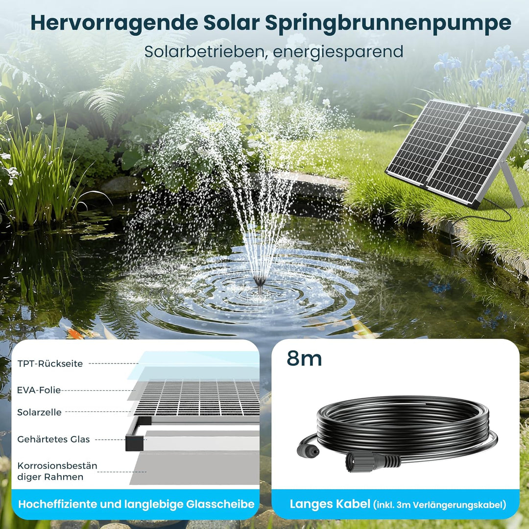 Biling 50W Solarbrunnen für Draussen mit 3 Düsen, 2100L/H Solar Springbrunnen für Aussen Grosse Gart