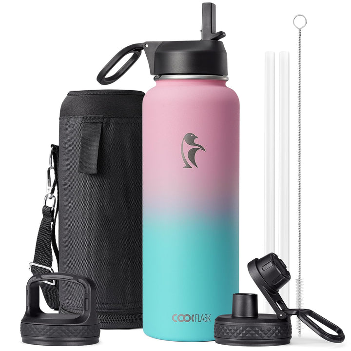 Isolierte Wasserflasche mit Strohhalm und 3 Deckeln, Coolflask Edelstahl-Metallflasche, breite Öffnu