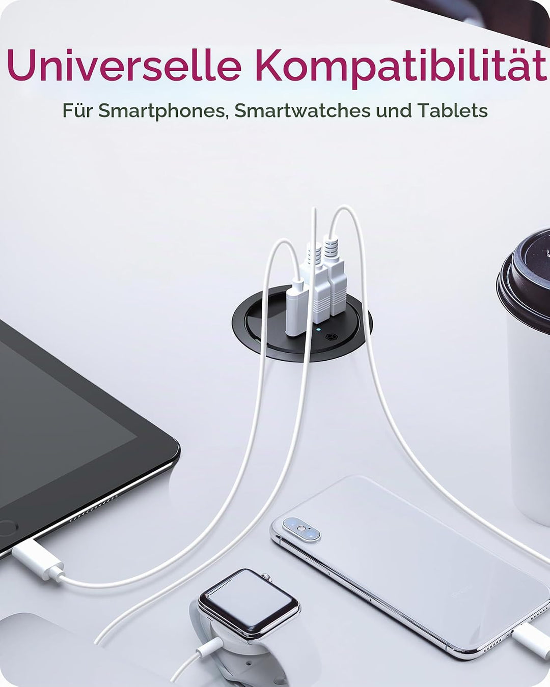 ICY Box 3-Port Tischladegerät, 2X USB-A &amp; 1x USB-C, Für 60mm Bohrungen, Gerät dient nur zum Laden, S