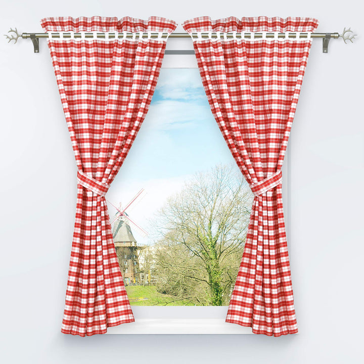 4-TLG. Set Karo-Muster Vorhangschals Küche Gardinen Vorhänge mit Raffhalter H/B 120/80 cm Rot H120 x