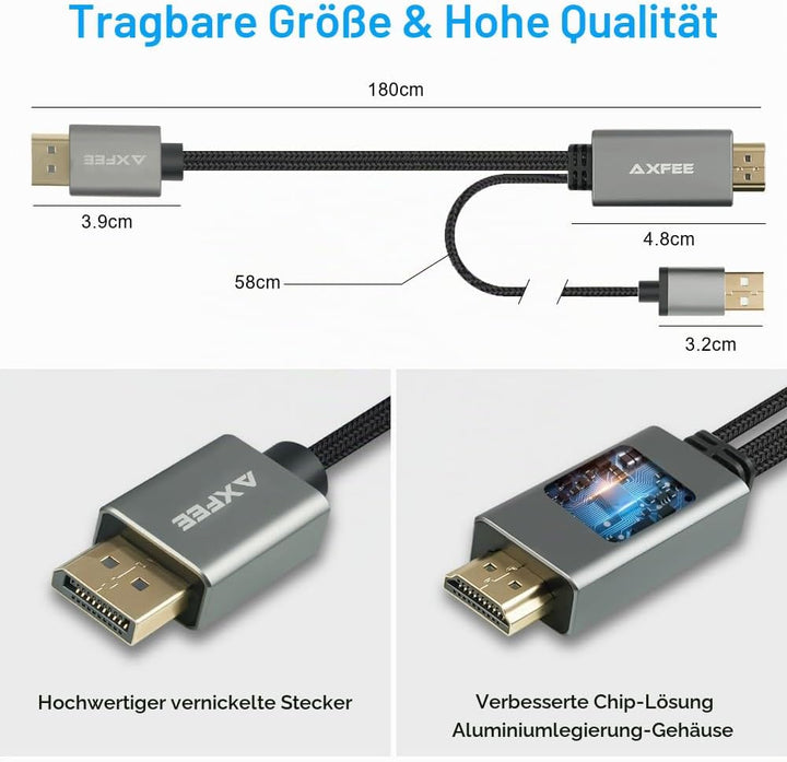 AXFEE HDMI auf DisplayPort Adapter, 1.8m 4K@60Hz HDMI auf DisplayPort Stecker Konverter, HDMI Ausgan