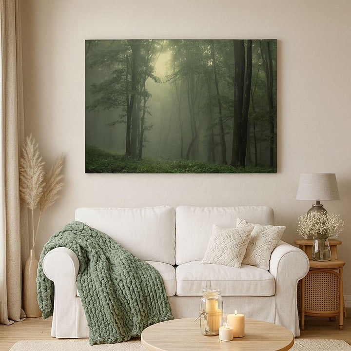 Bilder auf Leinwand 100x70cm Leinwandbild mit Rahmen Wald Nebel Baum Gross Wanddeko Bild Schlafzimme