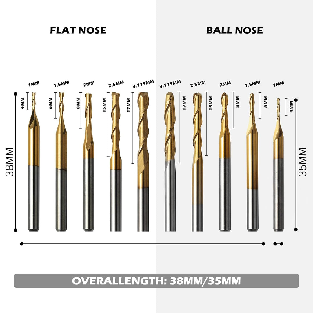 Genmitsu 50 Stück Hartmetall CNC Fräser-Satz, 1/8 Zoll Schaft 2-Flute Schaftfräser, Kugelfräser & Sp