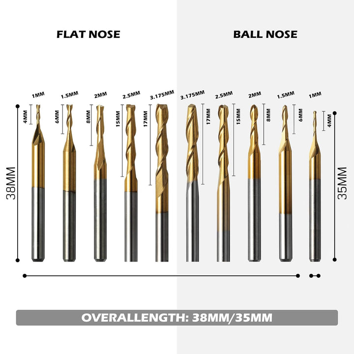 Genmitsu 50 Stück Hartmetall CNC Fräser-Satz, 1/8 Zoll Schaft 2-Flute Schaftfräser, Kugelfräser & Sp