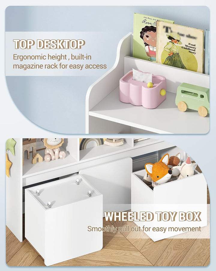 Hzuaneri Kinderregal mit Bücherfach & Rollschubladen 30 x 108 x 80 cm, Weiss | 3 offene Fächer, 3 ro