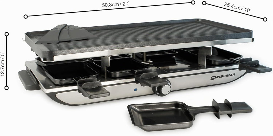 Swissmar Geneva Raclette 8 Personen, Raclette Grill mit Pfännchen und Schiebern, antihaftbeschichtet