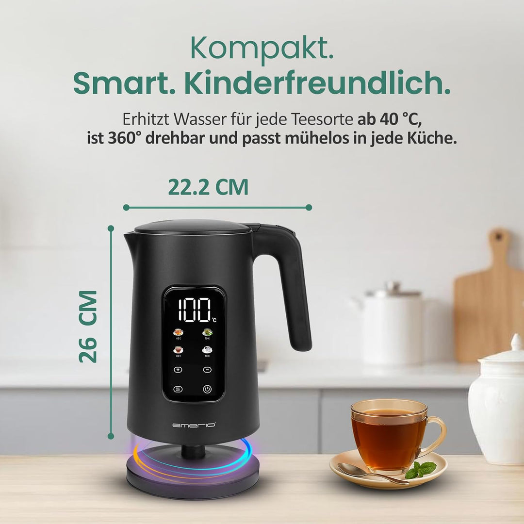 EMERIO Wasserkocher Edelstahl 1.7L | isolierte Doppelwand | Temperaturwahl 40-100°C in 5°C Schritten