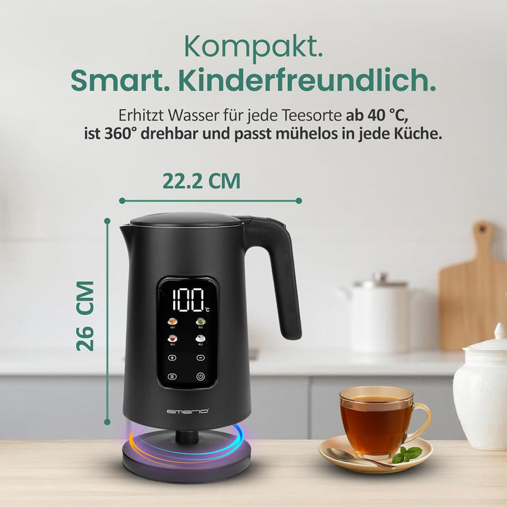 EMERIO Wasserkocher Edelstahl 1.7L | isolierte Doppelwand | Temperaturwahl 40-100°C in 5°C Schritten