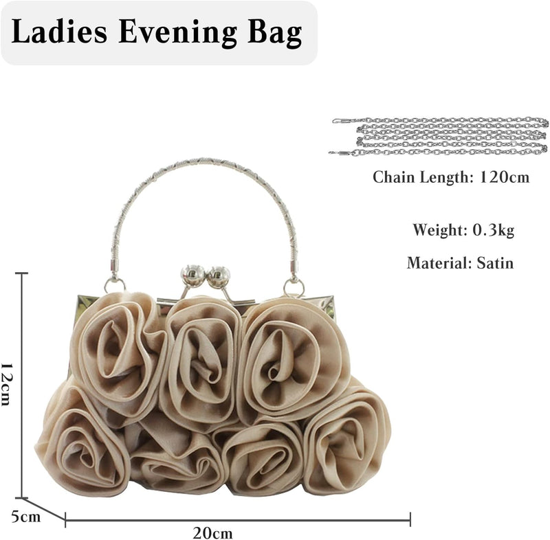 CORIOS Damen Elegante Abendtasche Blumen Clutch Tasche Handtasche mit Kette Kiss Lock Mini Rose Schu