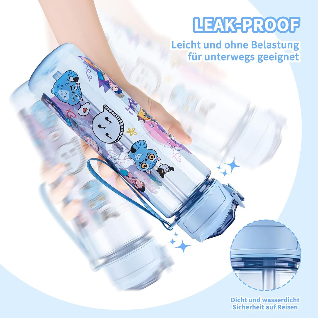 Trinkflasche 700 ml, mit Strohhalm – auslaufsicher & BPA-frei – doppelseitiges Cartoon Motiv, bruchf